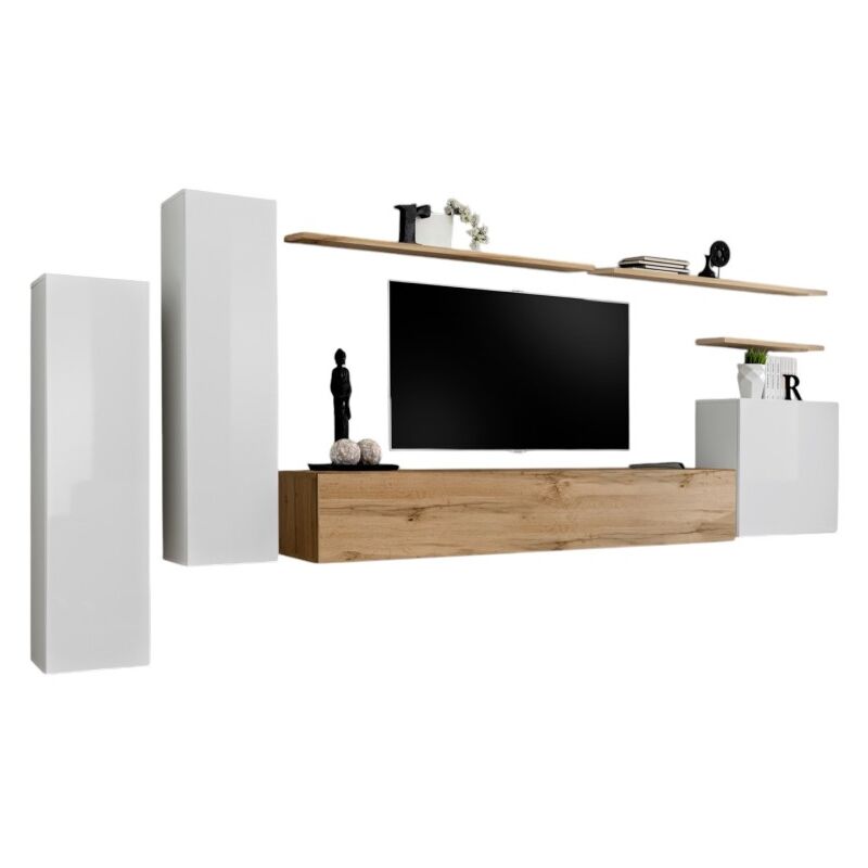 foto del prodotto set di mobili da soggiorno collezione switch i design, colore bianco lucido e rovere wotan.