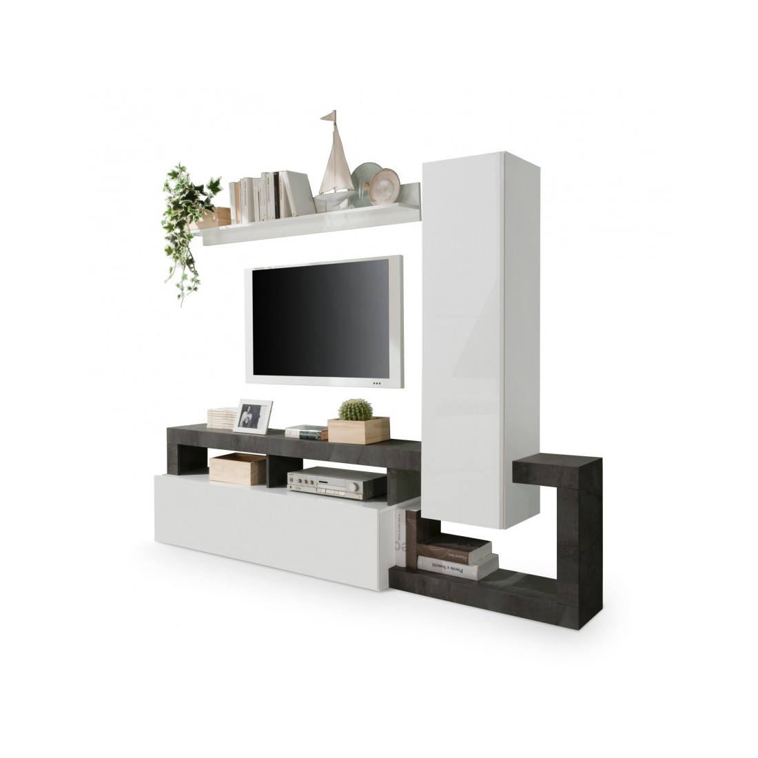 foto del prodotto set di mobili da soggiorno con contenitori 220 cm, collezione bura, bianco lucido grigio antracite
