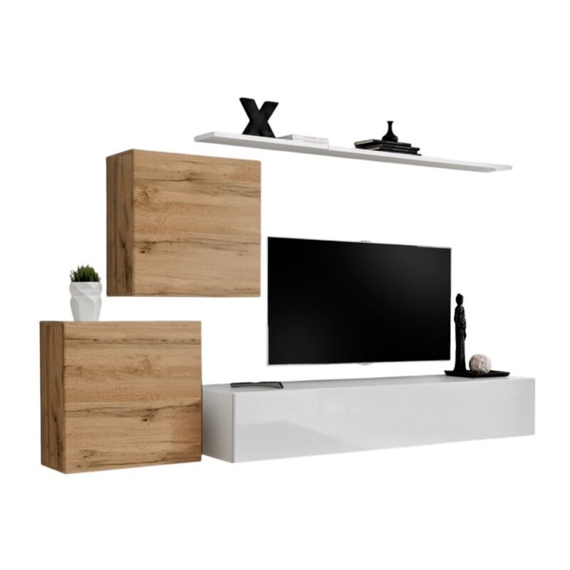 foto del prodotto set di mobili da soggiorno design switch v, colore quercia e bianco con finiture in quercia fresata e bianco lucido.