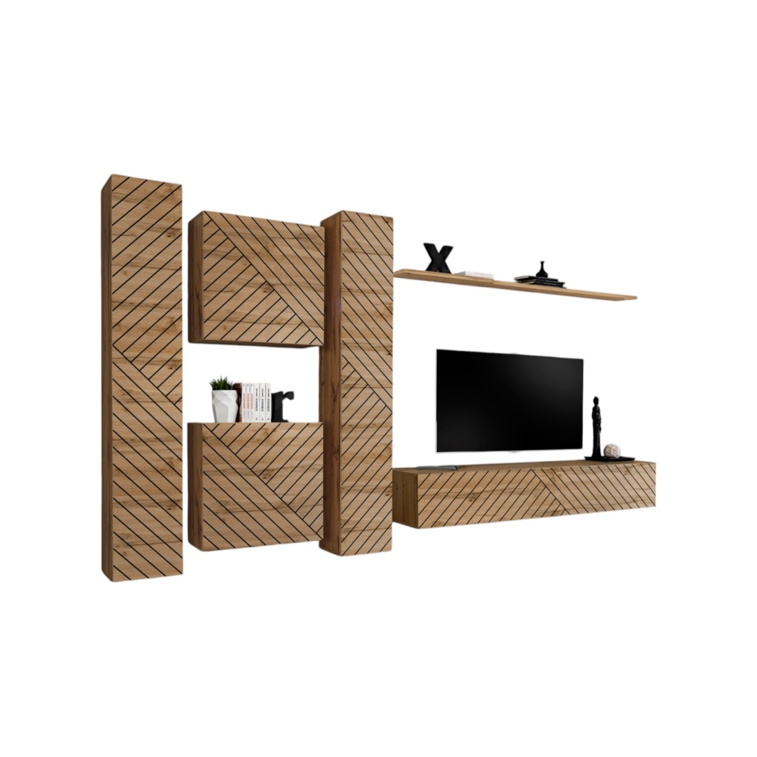 foto del prodotto set di mobili da soggiorno design switch vi. colore quercia wotan con finitura frontale fresata.