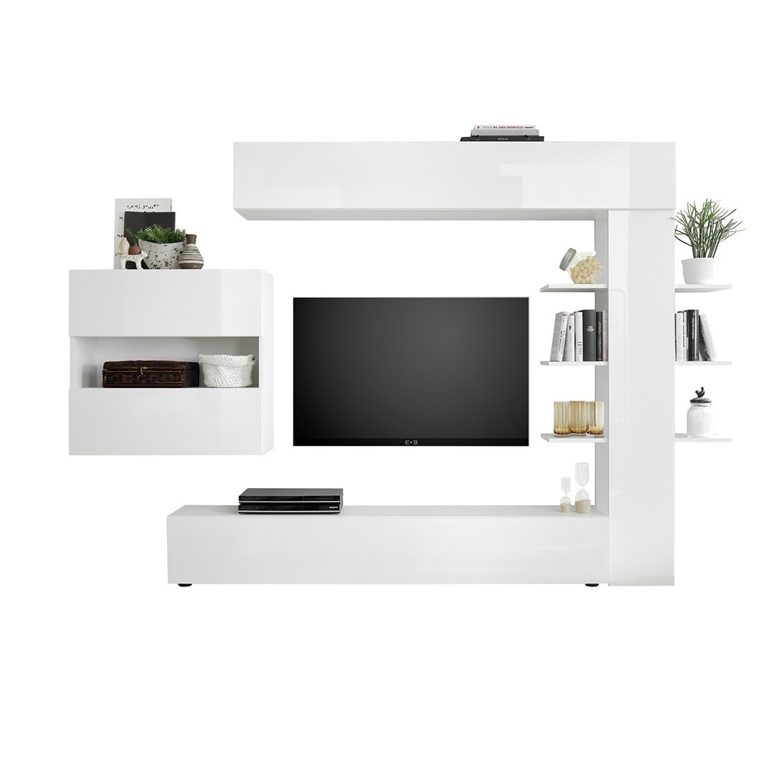 foto del prodotto set di mobili da soggiorno di design con numerosi vani contenitori, collezione vasco. colore bianco lucido.