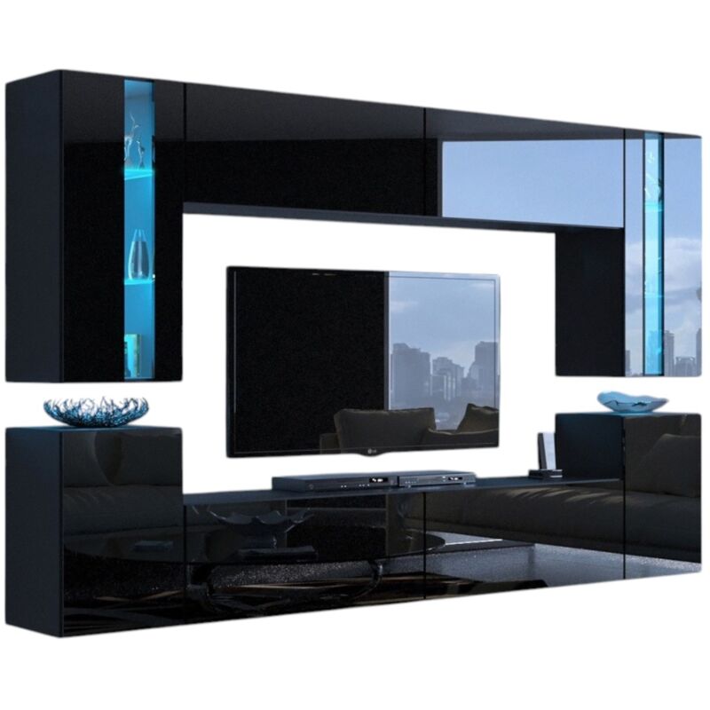 foto del prodotto set di mobili da soggiorno neri sospesi collezione cepto xxiv. 240cm, 8 pezzi, led, modulari.