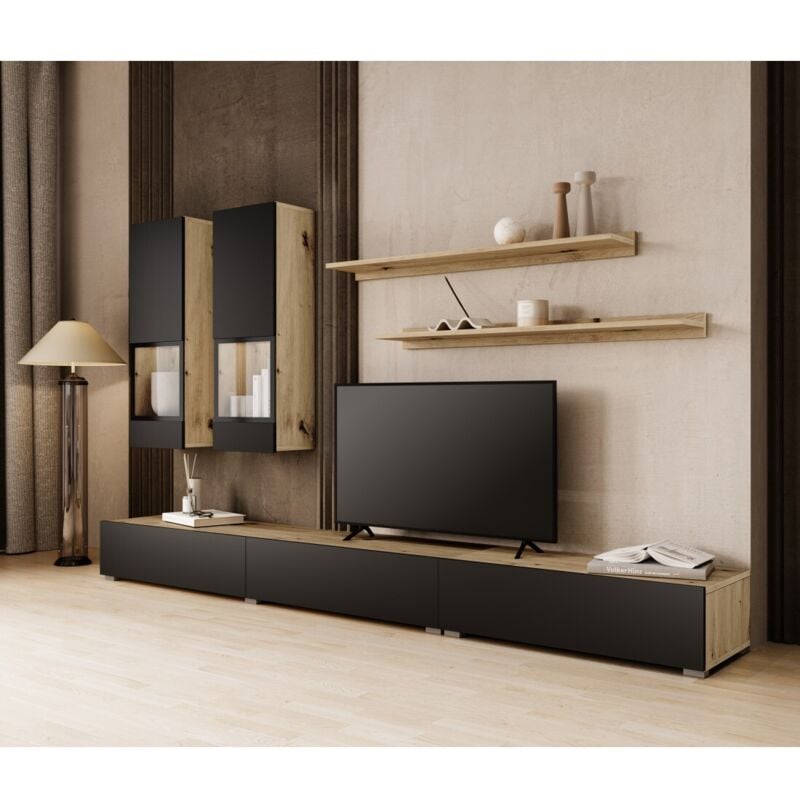 foto del prodotto set di mobili da soggiorno ramos rovere e nero super opaco led multicolori integrati