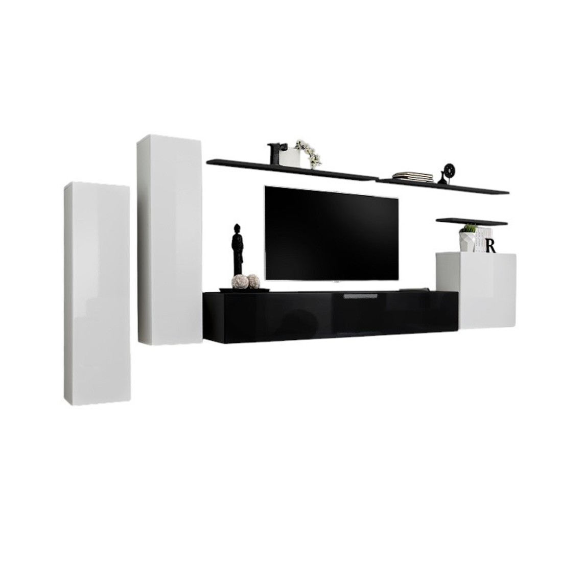 foto del prodotto set di mobili da soggiorno switch i bianco e nero lucido mobile tv e contenitori sospesi moderni