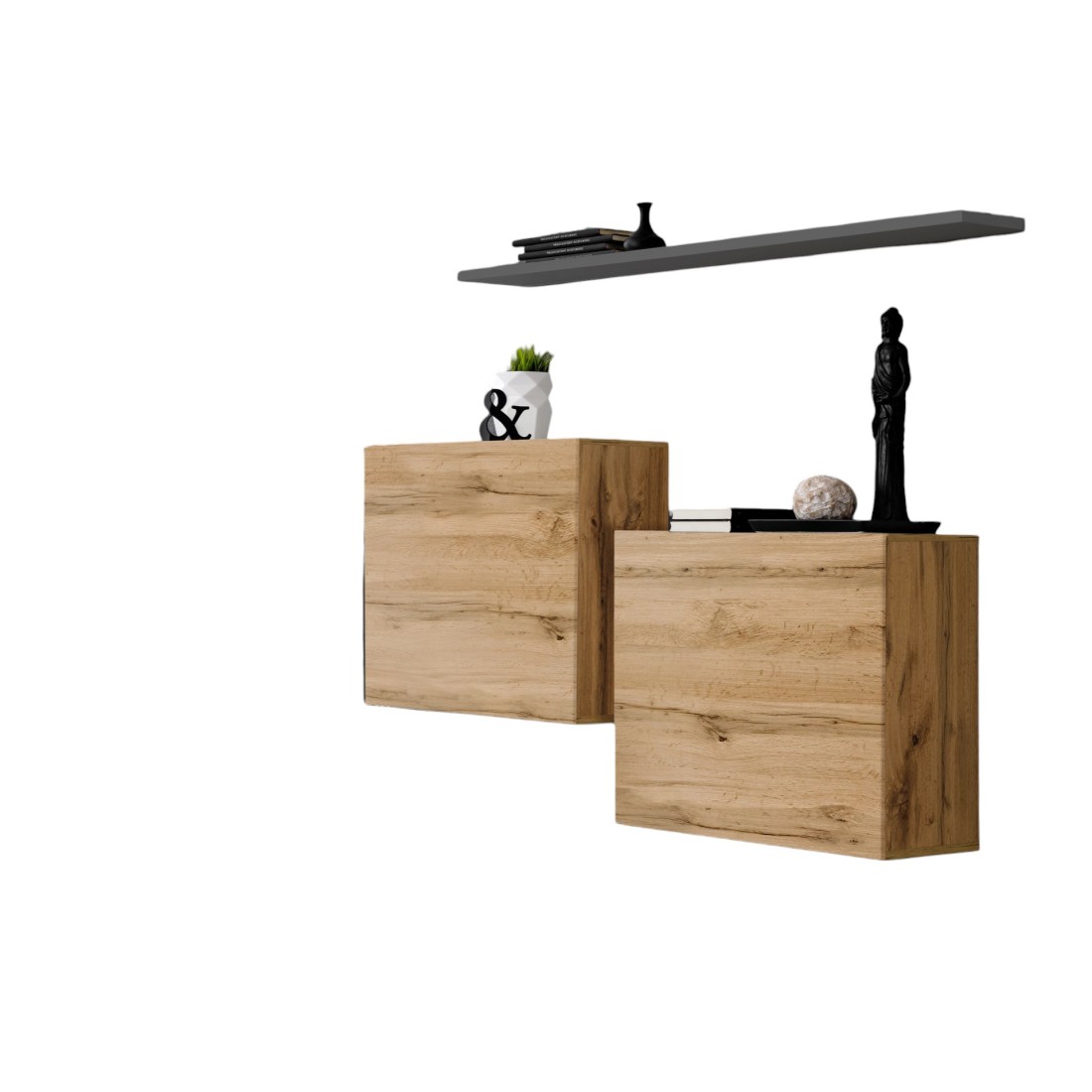 foto del prodotto set di mobili da soggiorno switch sbi design, colore quercia wotan e scaffale grigio.