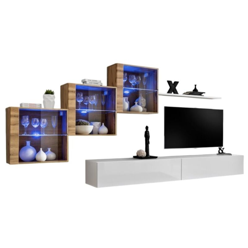 foto del prodotto set di mobili da soggiorno switch xx design, colori bianco lucido e rovere wotan.