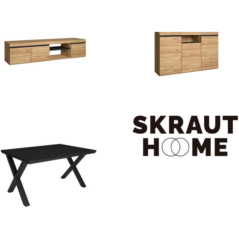 foto del prodotto set di mobili per il soggiorno, tavolo 140 nera piedi x 6 commensali, mobile tv 160, madia credenza 140, rovere e nero, stile industriale skraut