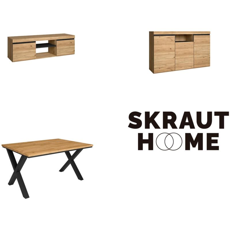 foto del prodotto set di mobili per il soggiorno, tavolo 140 piedi x 6 commensali, mobile tv 140, madia credenza 140, rovere e nero, stile industriale skraut home