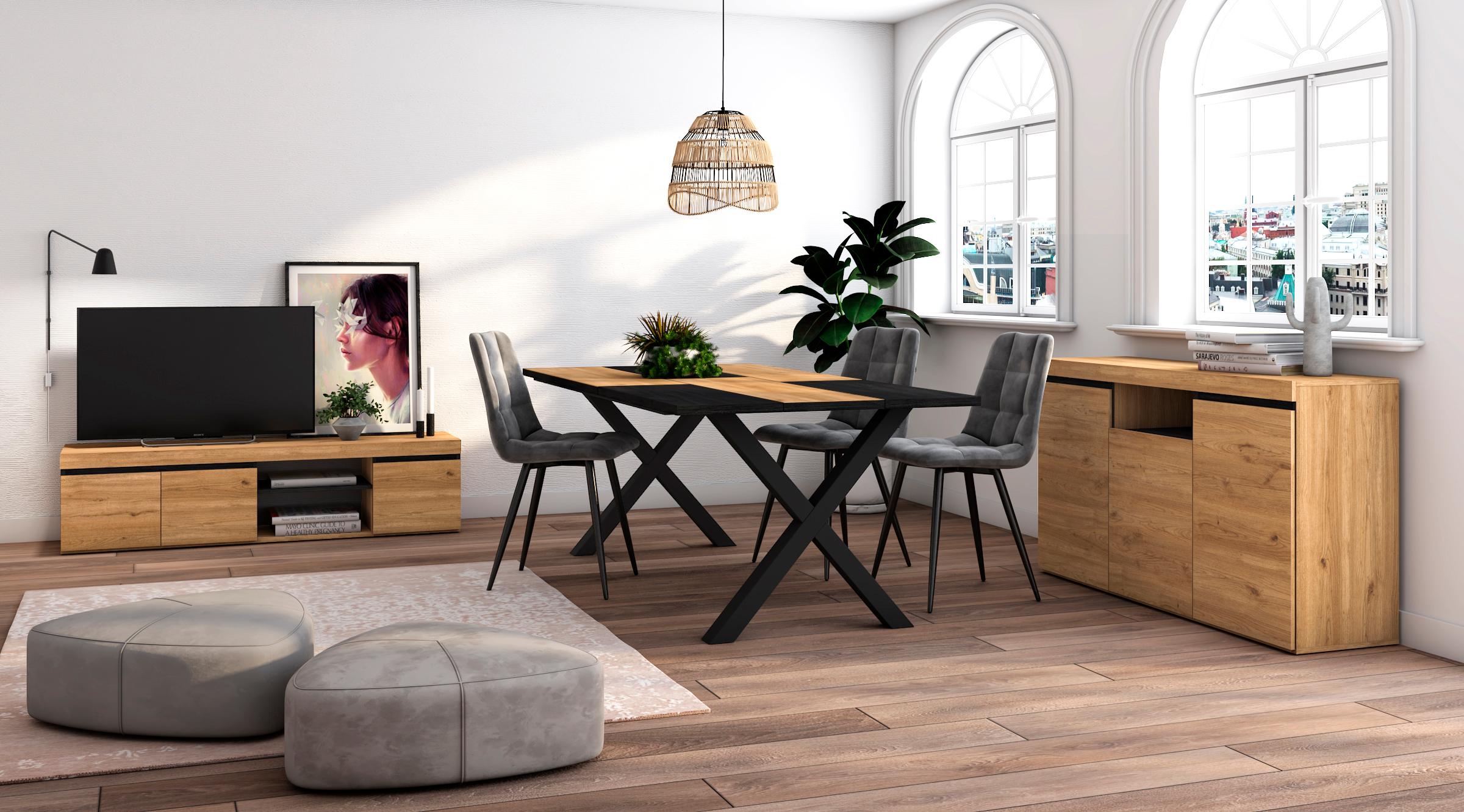 foto del prodotto set di mobili per il soggiorno, tavolo 200 bicolore piedi x 10 commensali, mobile tv 160, madia credenza 140, rovere e nero, stile industriale