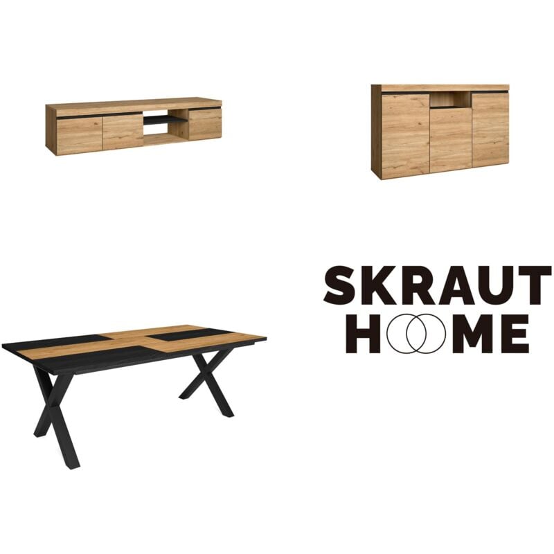 foto del prodotto set di mobili per il soggiorno, tavolo 200 bicolore piedi x 10 commensali, mobile tv 160, madia / credenza 140, rovere e nero, stile industriale - skraut home