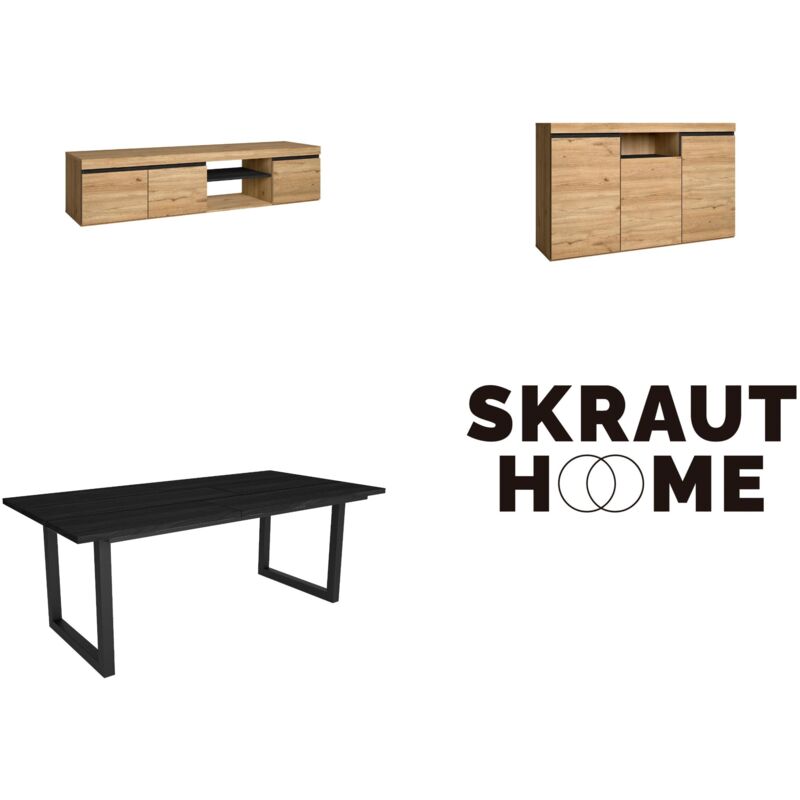 foto del prodotto set di mobili per il soggiorno, tavolo 200 nera piedi u 10 commensali, mobile tv 160, madia credenza 140, rovere e nero, stile industriale skraut