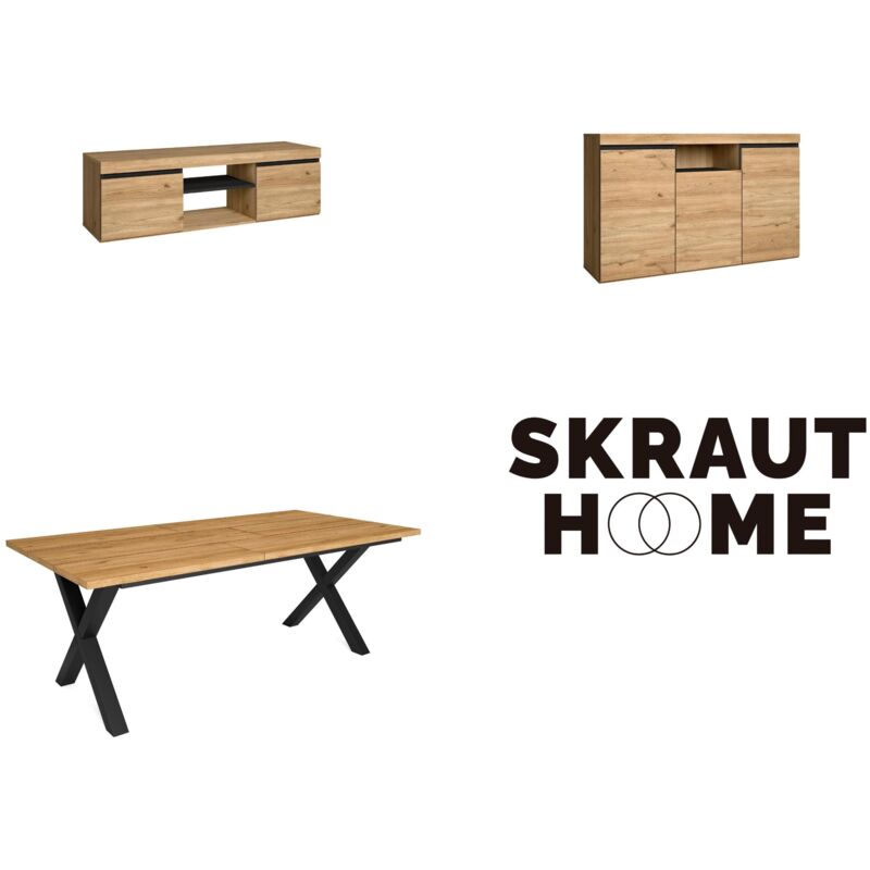 foto del prodotto set di mobili per il soggiorno, tavolo 200 piedi x 10 commensali, mobile tv 140, madia credenza 140, rovere e nero, stile industriale skraut home
