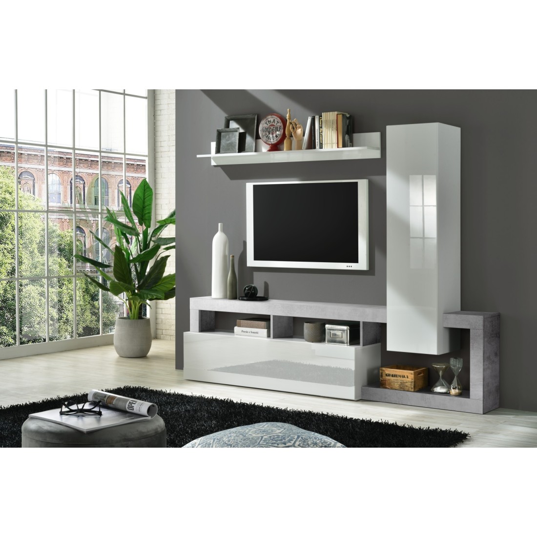 foto del prodotto set di mobili per soggiorno con contenitori, collezione bura, lunghezza 219 cm, bianco lucido grigio cemento