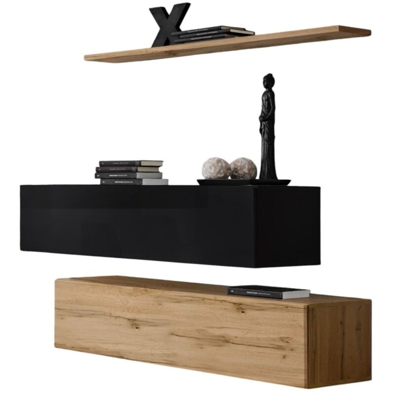 foto del prodotto set di mobili per soggiorno switch sbii design, colore quercia wotan e nero lucido.