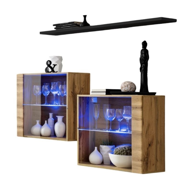 foto del prodotto set di mobili per soggiorno switch sbiii, colore quercia wotan e porta in vetro con sistema led integrato, scaffale nero.