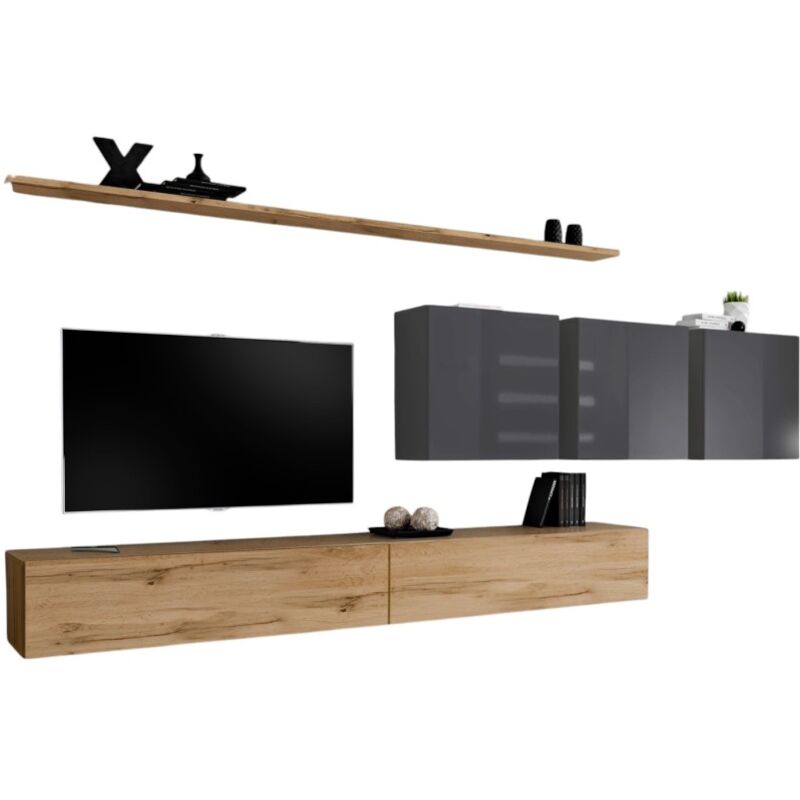 immagine 0 del prodotto set di mobili per soggiorno switch vii design, colore quercia wotan e grigio lucido.