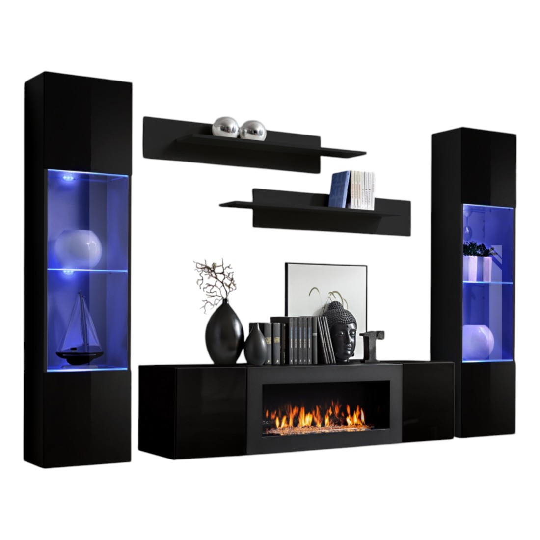 foto del prodotto set di mobili sospesi con camino decorativo collezione fly m3. colore nero.