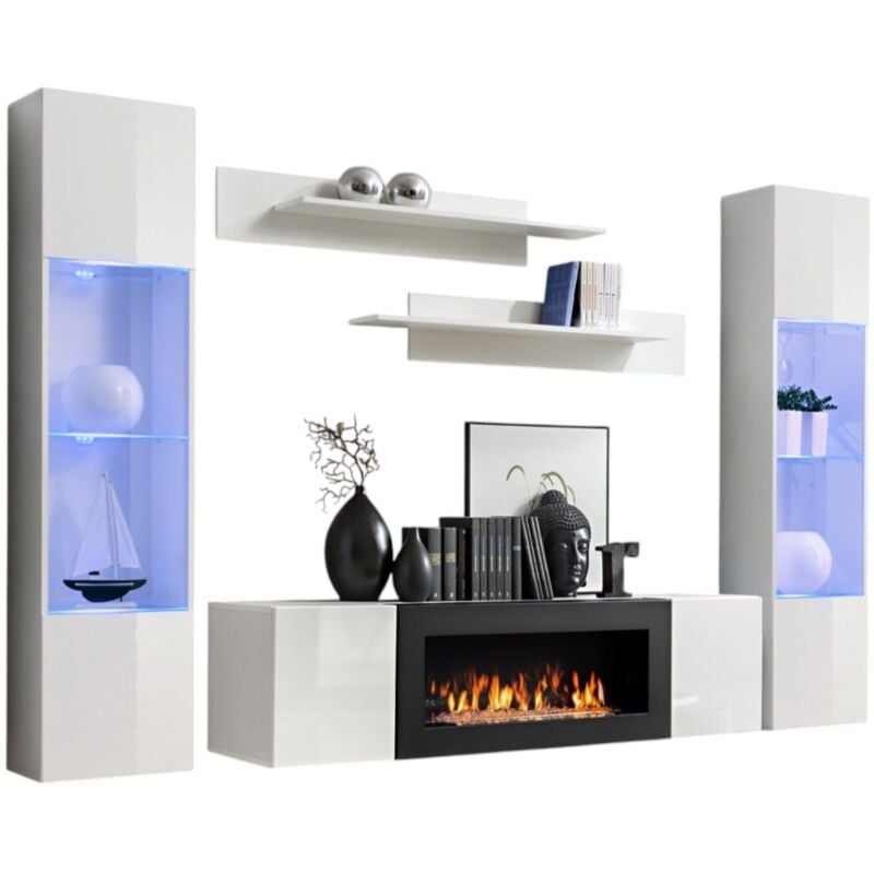 foto del prodotto set di mobili sospesi con camino decorativo della collezione fly m3. colore bianco.