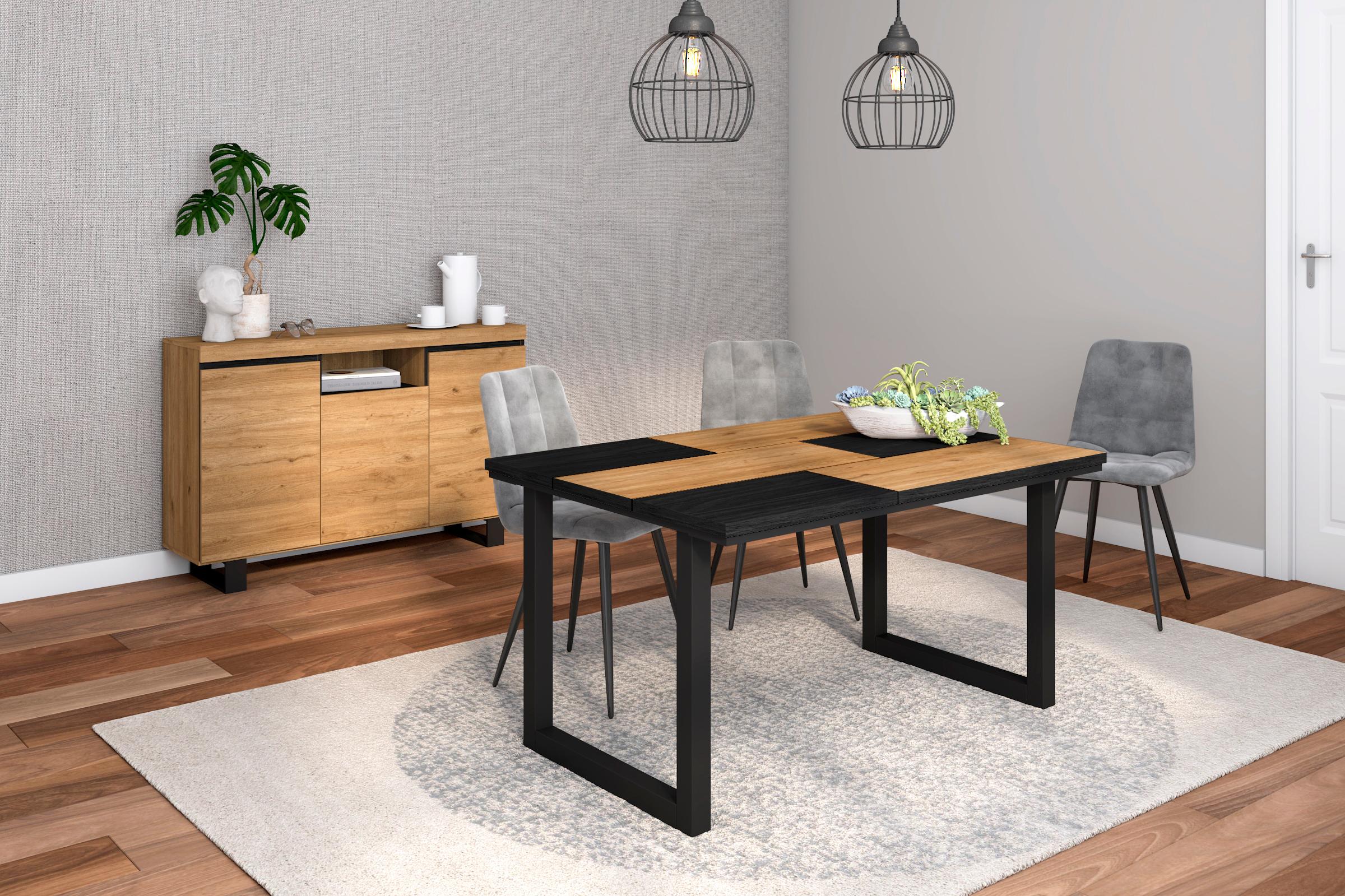 foto del prodotto set di mobili, tavolo 140 bicolore piedi u 6 commensali, madia credenza 140 tall, colore rovere e nero, industriale rf1286