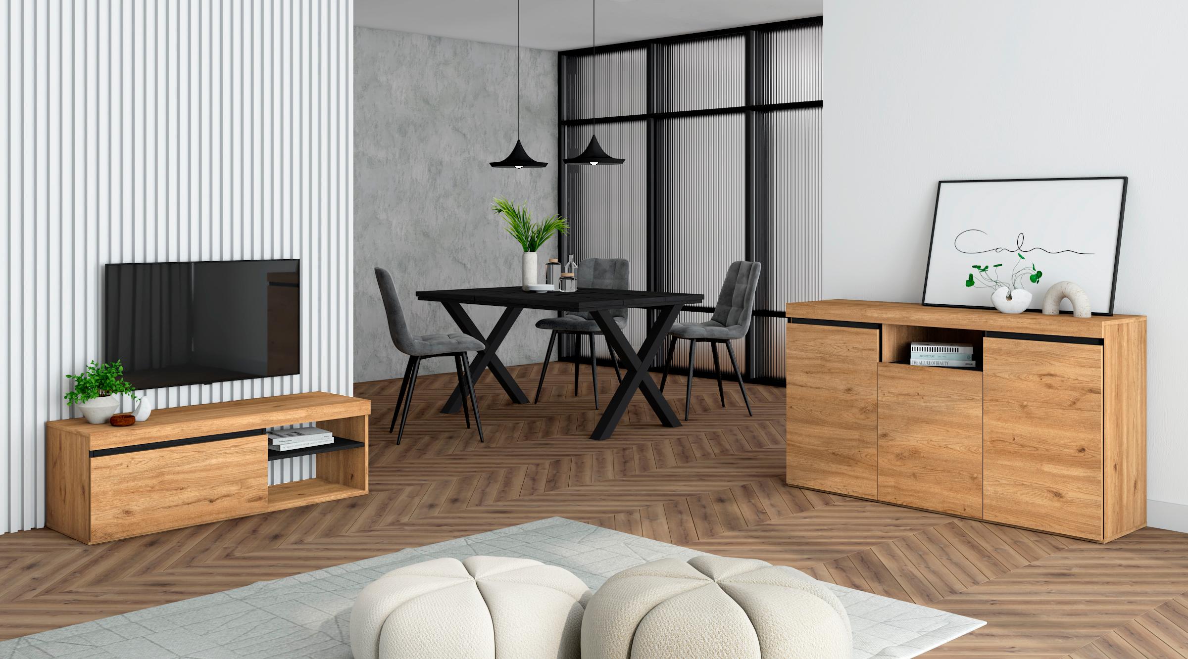 foto del prodotto set di mobili, tavolo 140 nera piedi x 6 commensali, mobile tv120, madia credenza 140, colore rovere, nero, industriale rf1285