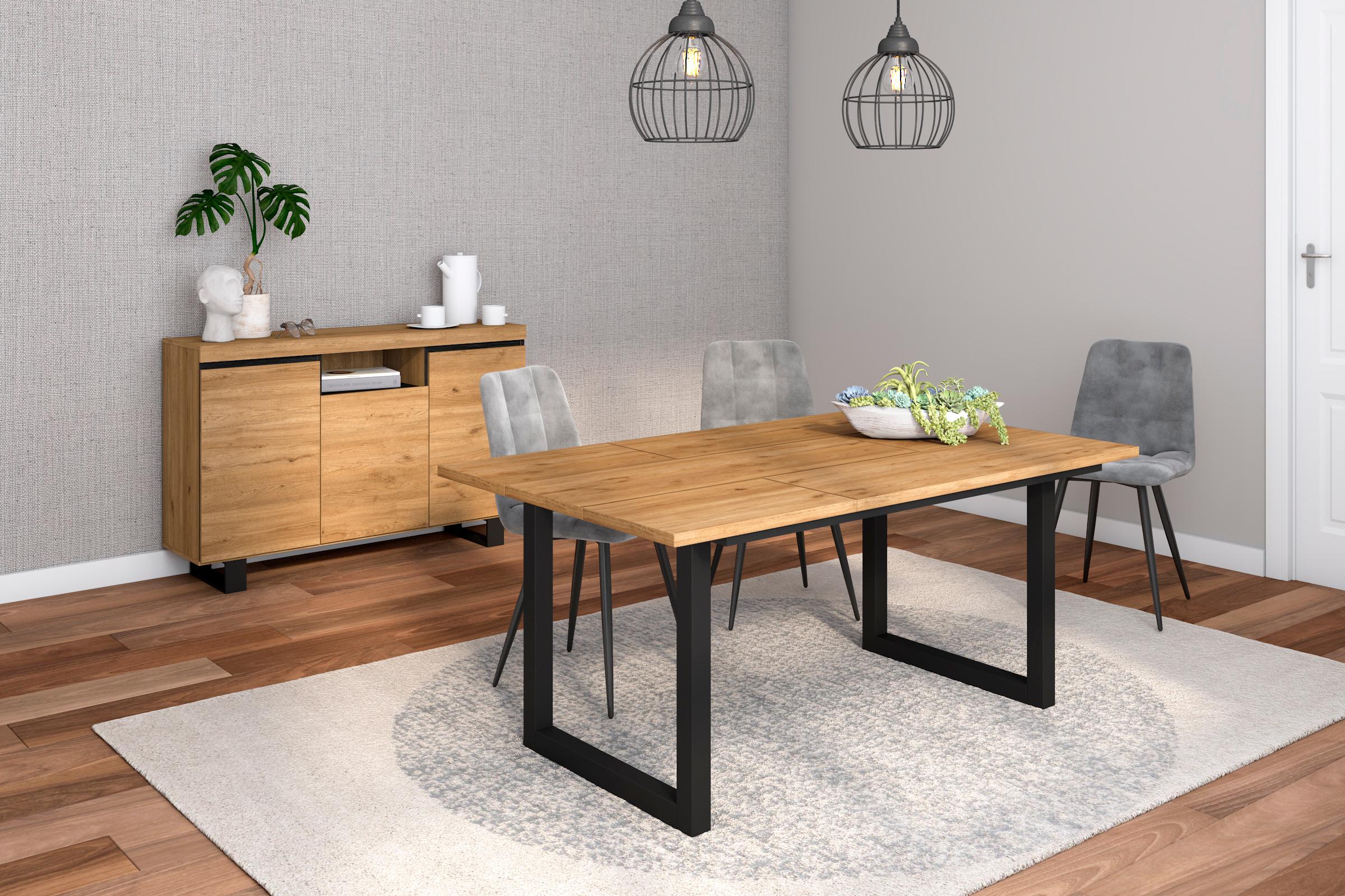 foto del prodotto set di mobili, tavolo 170 piedi u 8 commensali, madia credenza 140 tall, colore rovere e nero, stile industriale rf1251