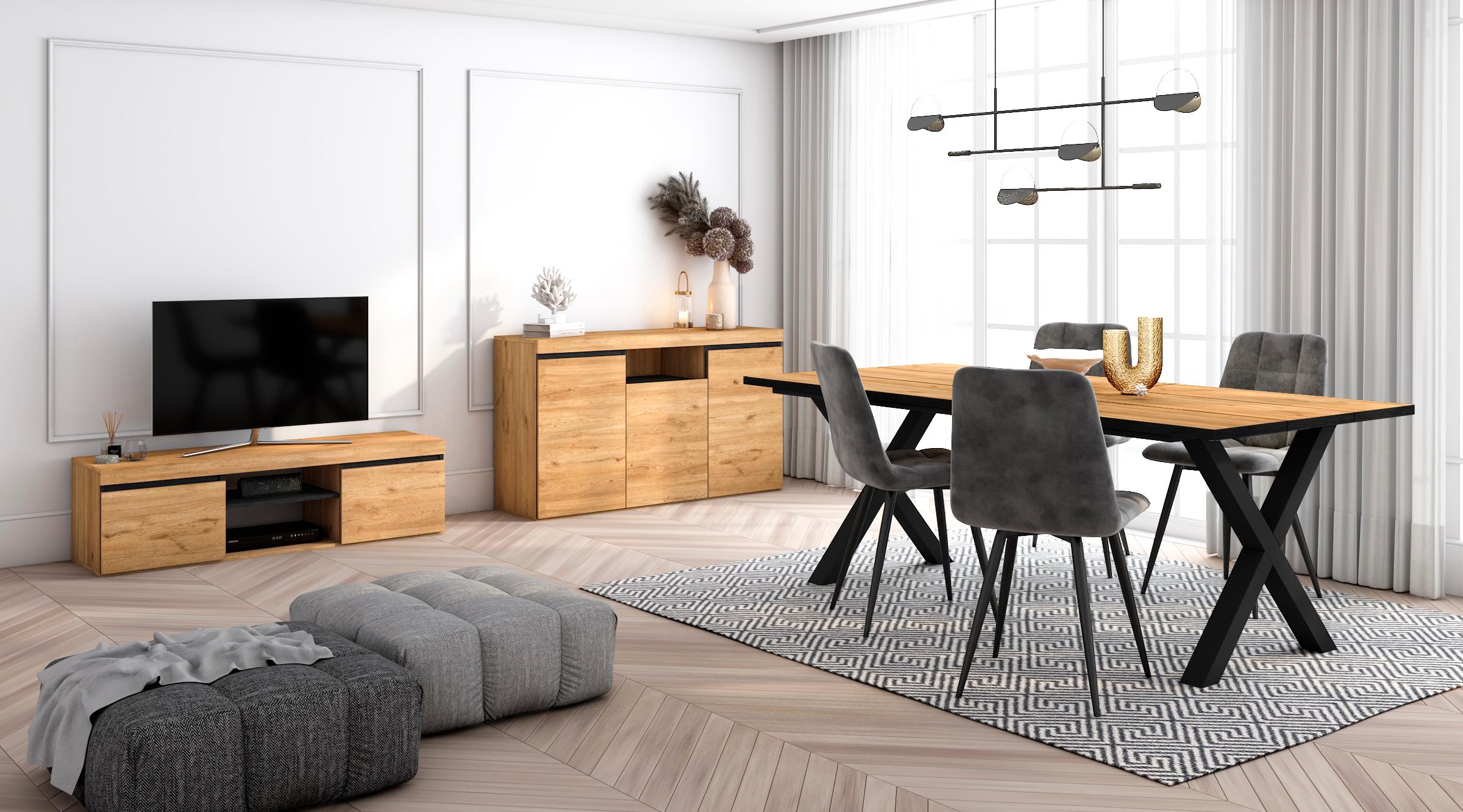 foto del prodotto set di mobili, tavolo 200 frontale nero piedi x 10 commensali, mobile tv 140, madia / credenza 140, colore rovere e nero rf1305