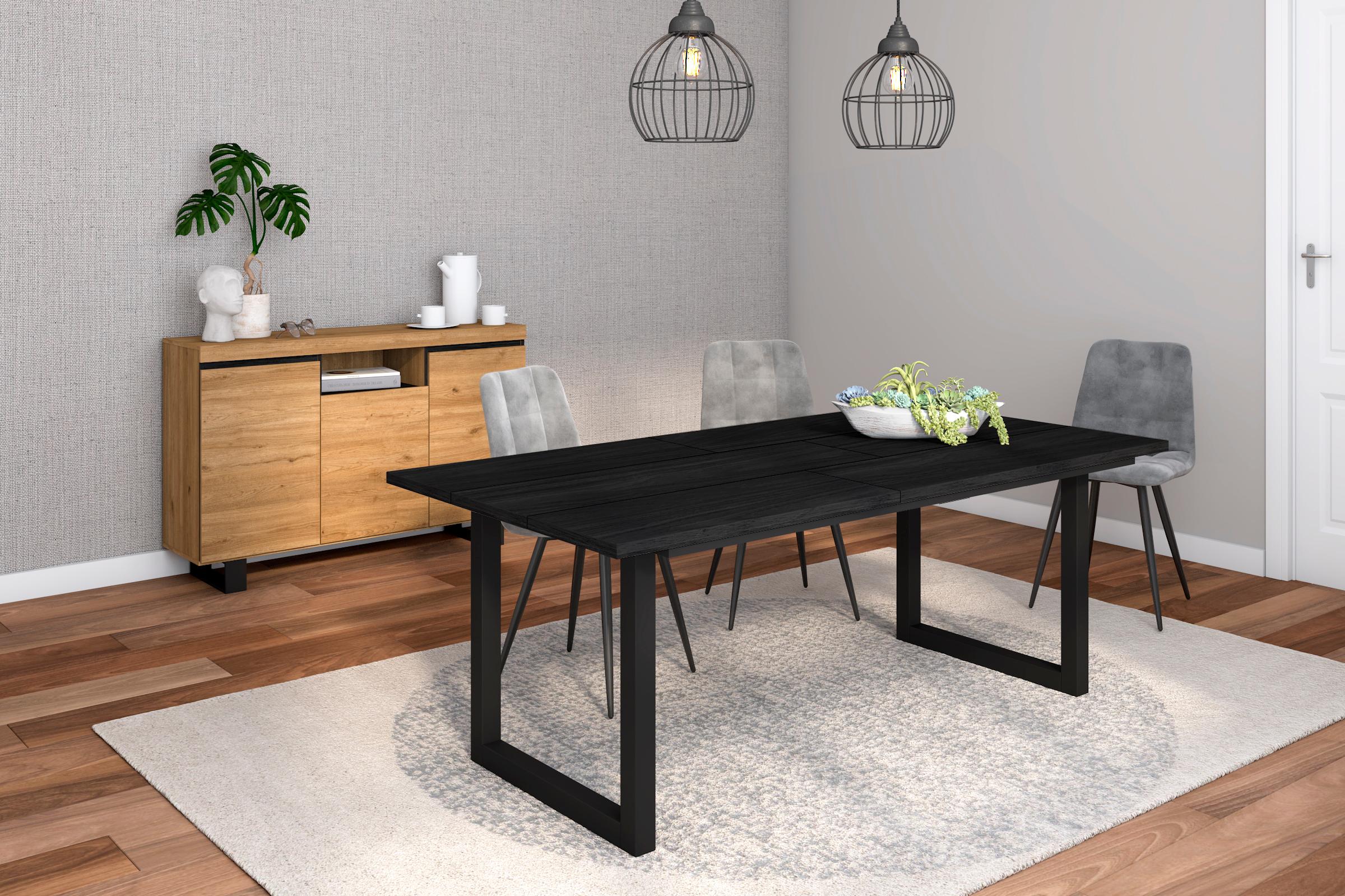 foto del prodotto set di mobili, tavolo 200 nera piedi u 10 commensali, madia credenza 140 tall, colore rovere e nero, stile industriale rf1294