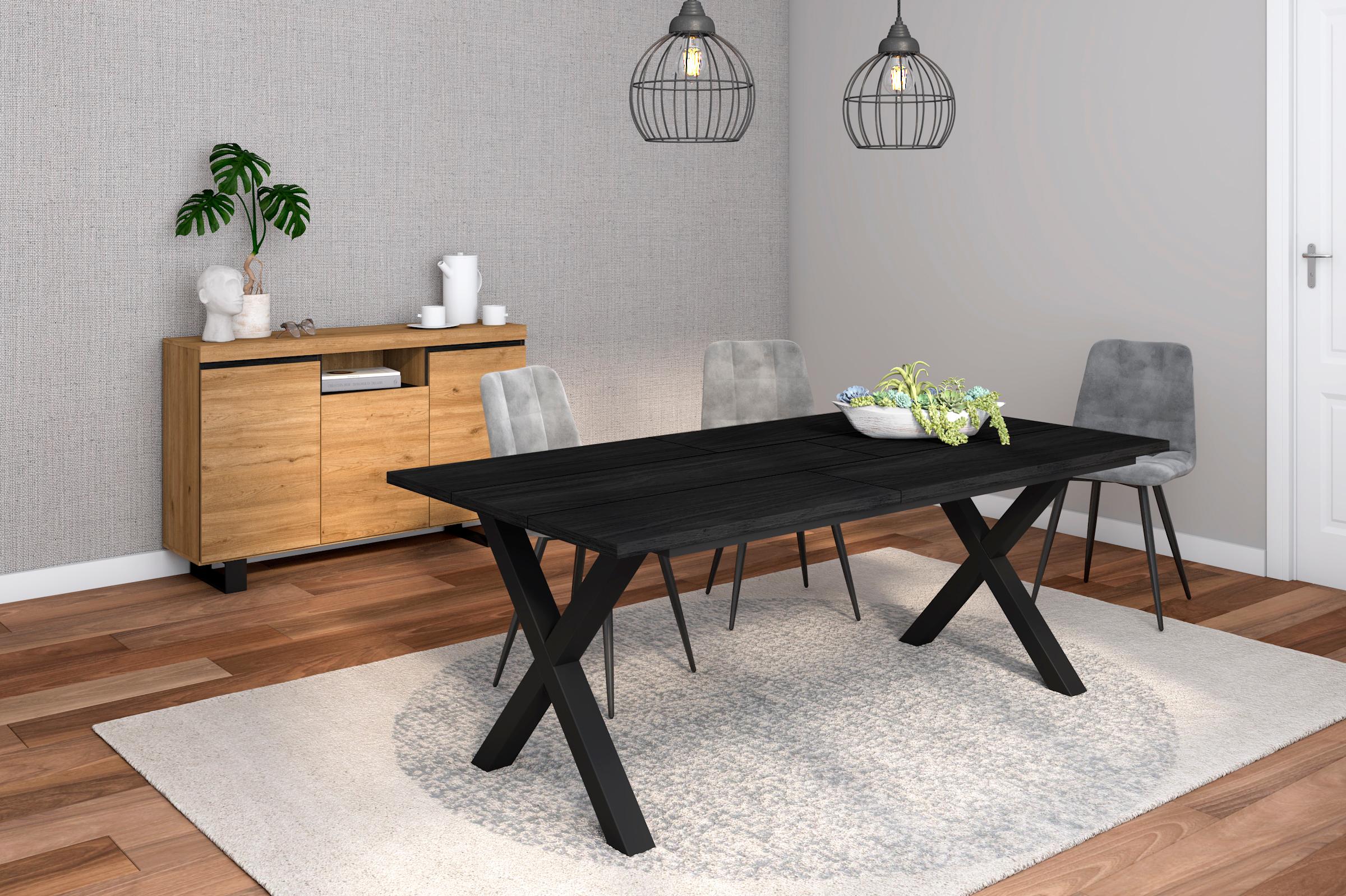 foto del prodotto set di mobili, tavolo 200 nera piedi x 10 commensali, madia credenza 140 tall, colore rovere e nero, stile industriale rf1283
