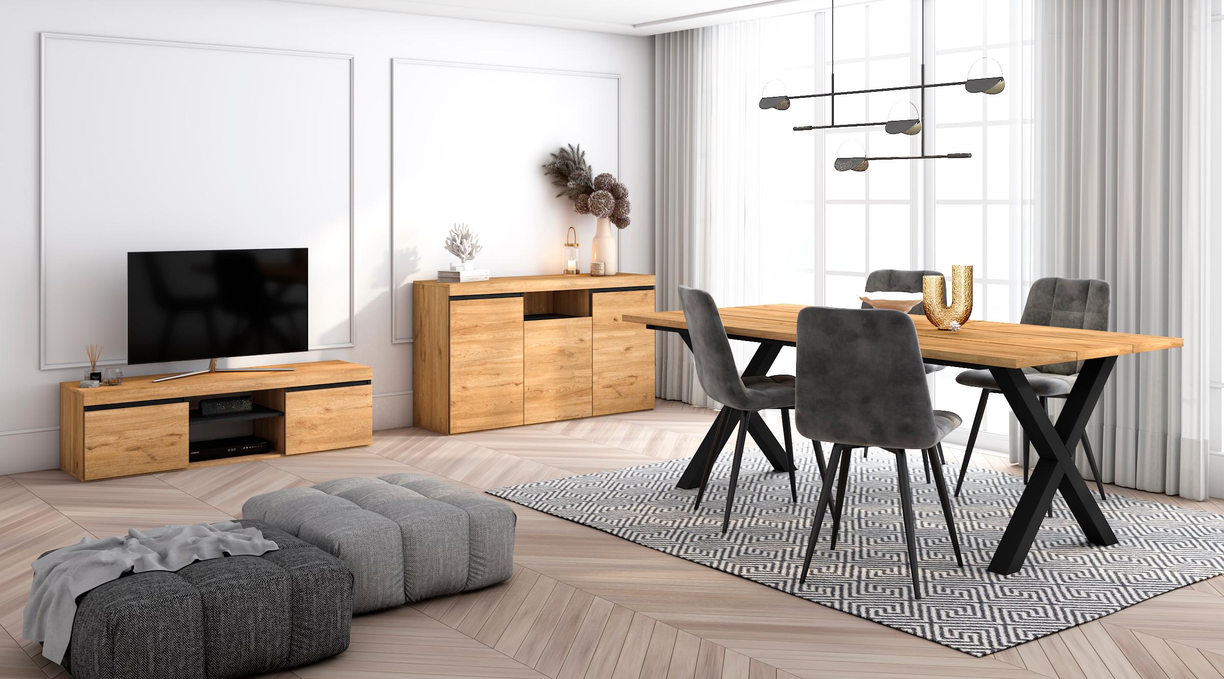foto del prodotto set di mobili, tavolo 200 piedi x 10 commensali, mobile tv 140, madia credenza 140, colore rovere e nero, industriale rf1288