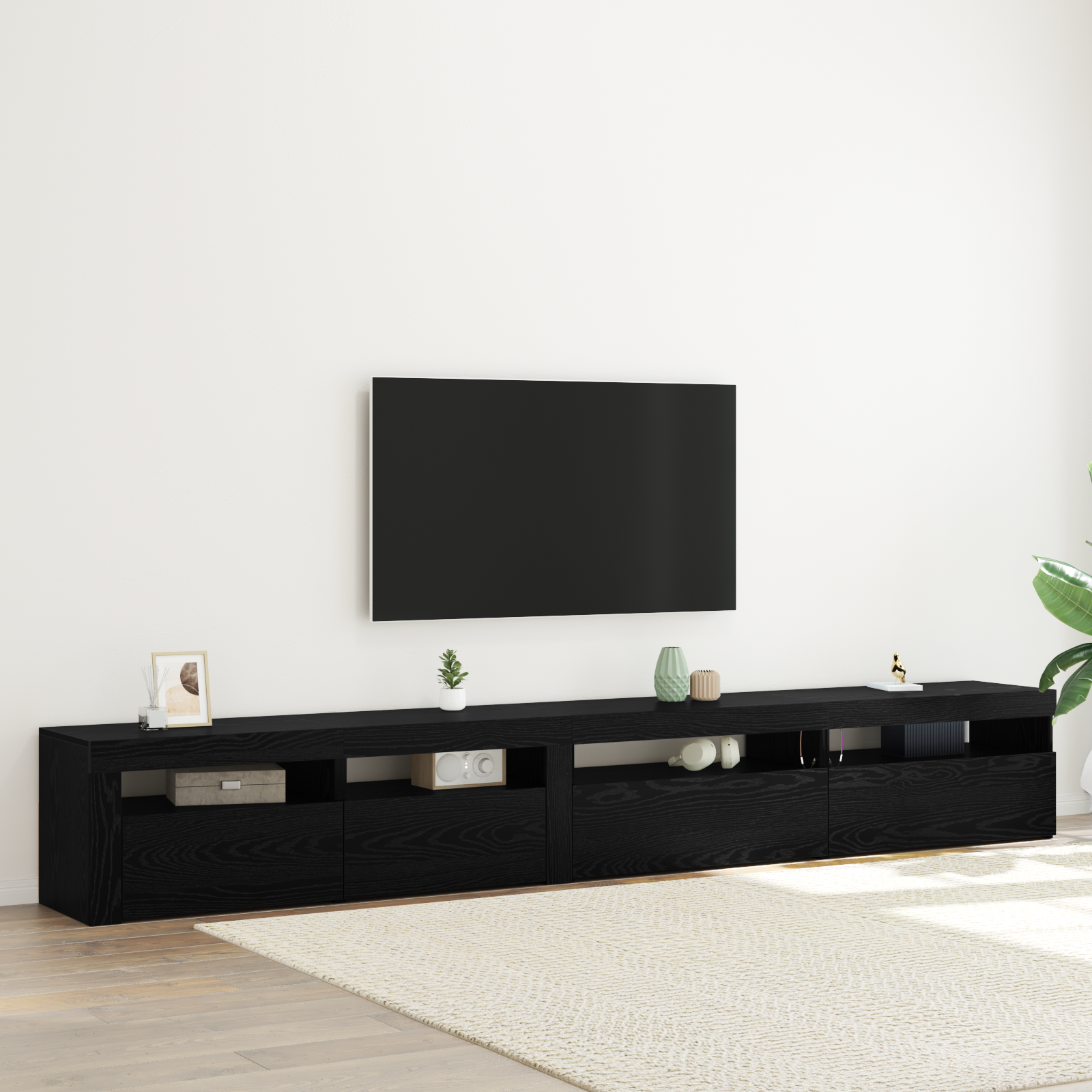 foto del prodotto set di mobili tv 3 pezzi con luci led in rovere nero legno ingegnerizzato