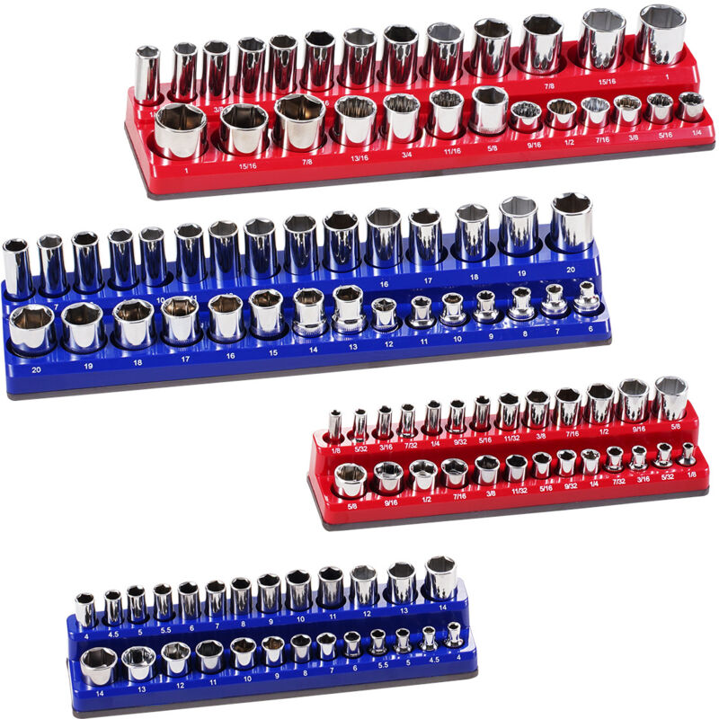 foto del prodotto set di organizer per prese magnetiche, 4 pezzi, vassoi per prese sae metriche da 1 4 e 3 8 , etichette trasparenti, contiene 108 prese, blu e