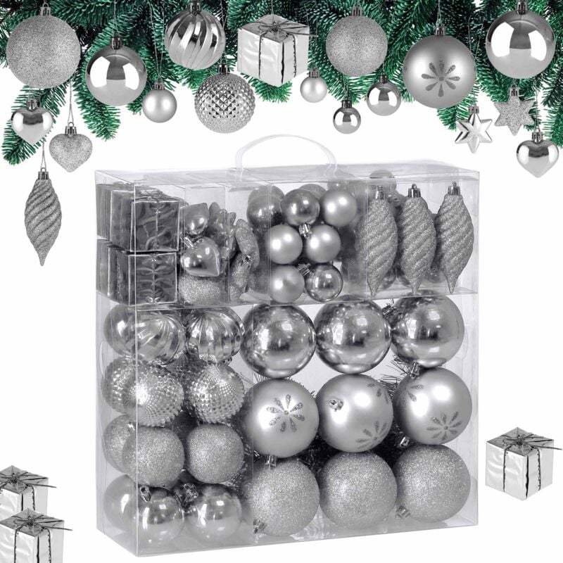 foto del prodotto set di palline di natale composto da varie fantasie varie quantità varie taglie argento