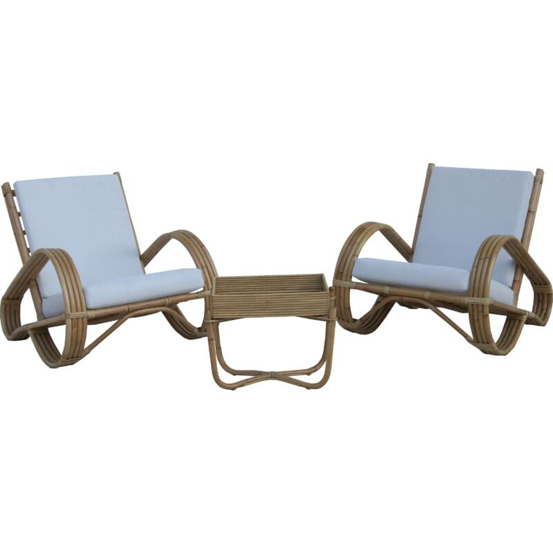 foto del prodotto set di poltrone in rattan naturale e tavolino da giardino terrazza giardino chillvert parma 68x83x68 cm con cuscini bianchi