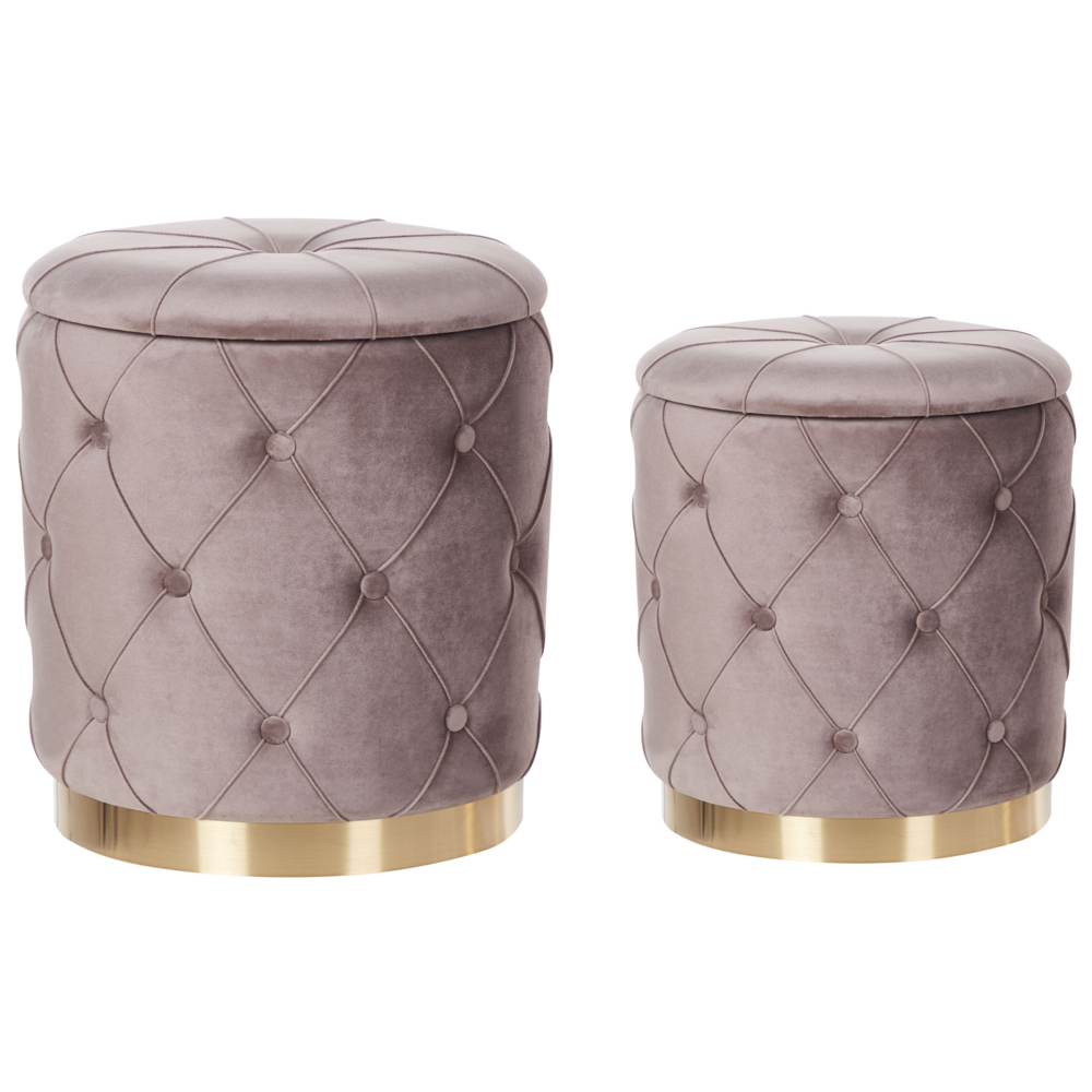foto del prodotto set di pouf portaoggetti in velluto di poliestere grigio talpa con rivestimento capitonn base dorata design retr 