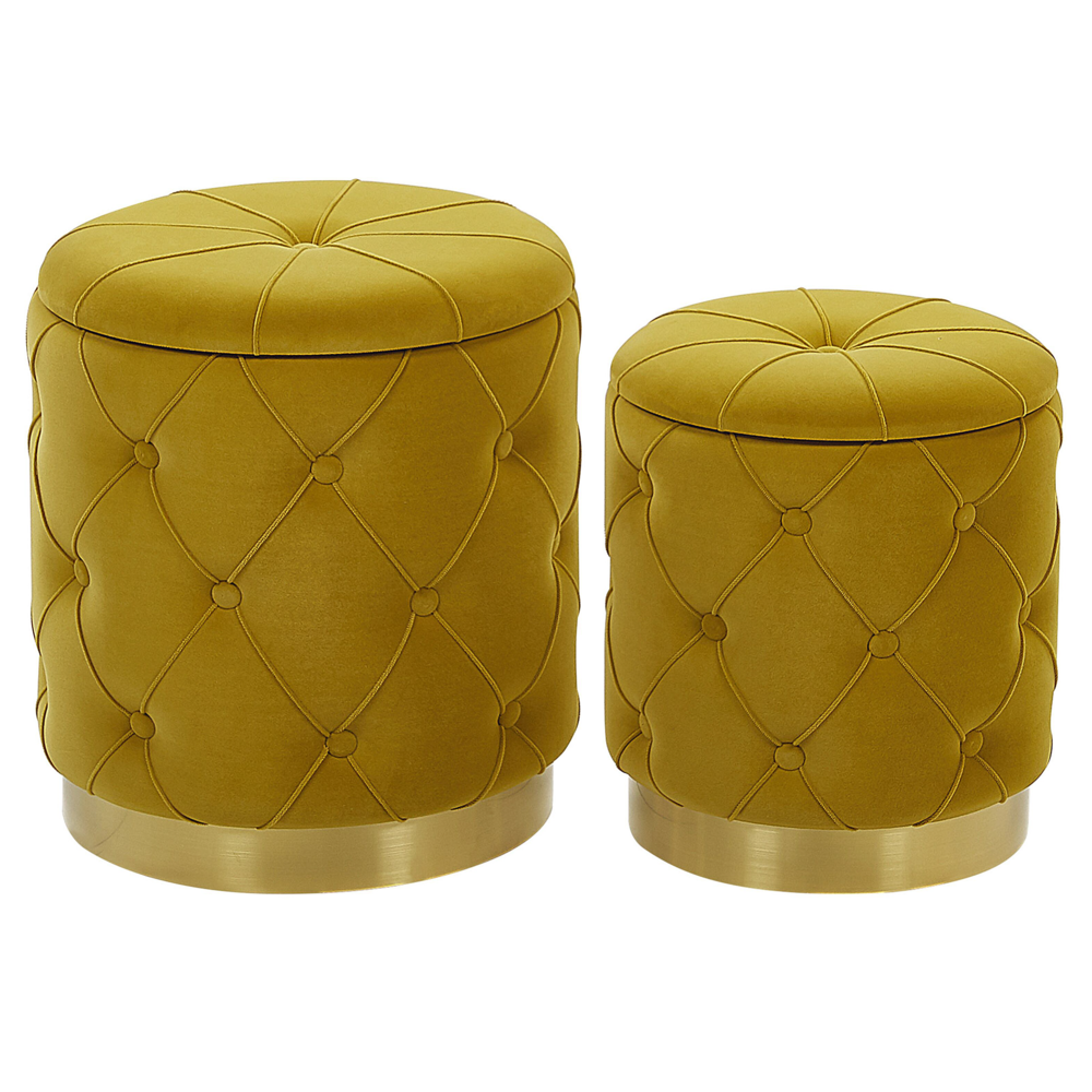 foto del prodotto set di pouf portaoggetti in velluto di poliestere senape con bottoni imbottiti con base dorata design retrò