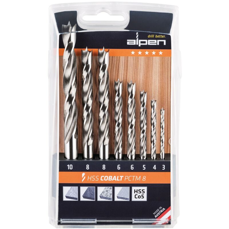 foto del prodotto set di punte a spirale in legno pctm 8 pezzi d.3,4,5,2x6,2x8,10mm hss co5