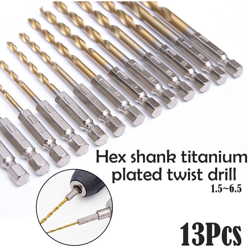 foto del prodotto set di punte esagonali hss da 13 pezzi da 1,5 mm 6,5 mm con rivestimento in titanio, cambio rapido rapido per plastica per la lavorazione del legno