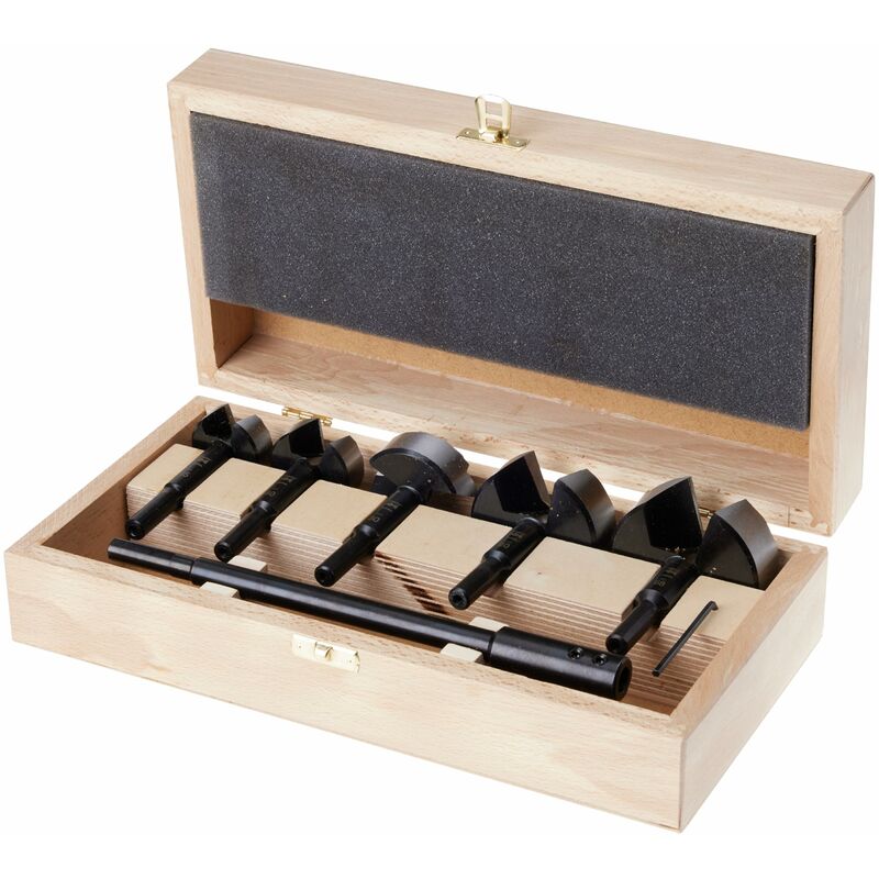 foto del prodotto set di punte forstner wave cutter 6 pezzi, 35 40 50 60 68, lunghezza 90 mm, prolunga 230 mm inclusa, in una custodia di legno