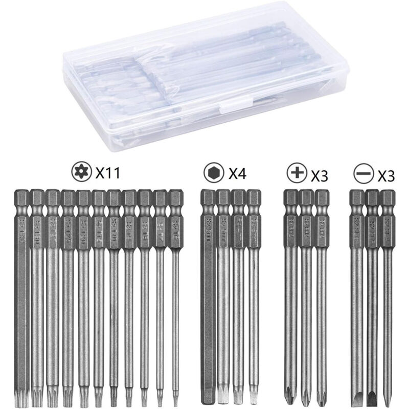 foto del prodotto set di punte per cacciavite da 21 pezzi, punta magnetica lunga 100 mm, torx t6 t40, esagonale da 3 mm a 6 mm, phillips ph2, scanalata da 4 mm a 6 mm,