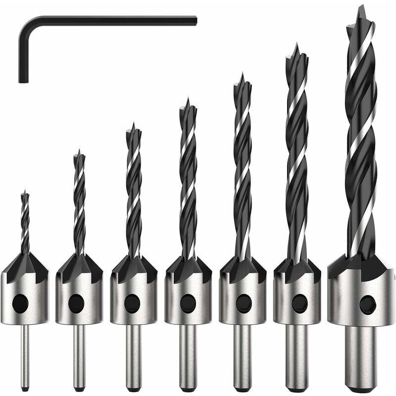 foto del prodotto set di punte per svasatore a 5 scanalature hss da 7 pezzi, punta per smusso per viti per legno, per viti di varia lunghezza, allentando e stringendo