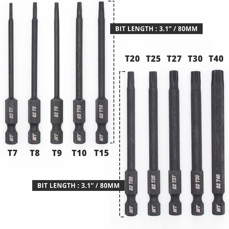 foto del prodotto set di punte torx per cacciaviti, trapani e avvitatori a percussione, resistenti alle alte temperature, trattamento termico avanzato, rivestimento