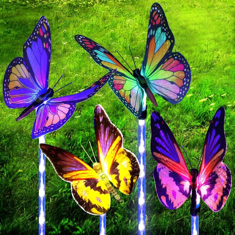 foto del prodotto set di quattro luci solari da giardino con farfalle in fibra ottica che cambiano colore e picchetti di luce a led impermeabili per la decorazione di
