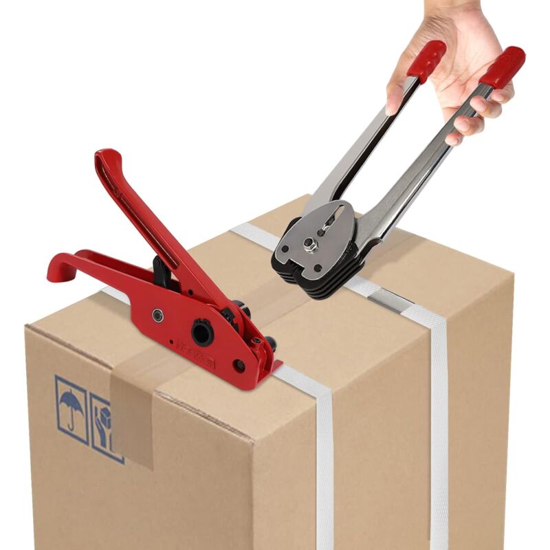 foto del prodotto set di reggette manuale, confezione per pallet, set di reggie, nastro pp lungo 100 m, rotolo di nastro da imballaggio e guarnizioni in metallo,