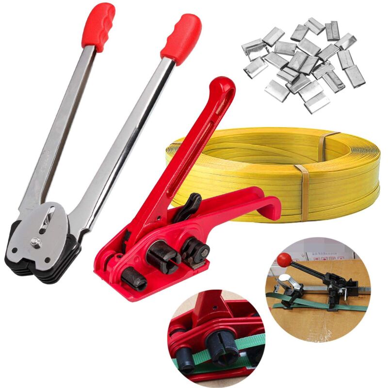 foto del prodotto set di reggiatura manuale con dispositivo di tenuta 100 m, 50 clip per tenditori, confezione in plastica pp, pet