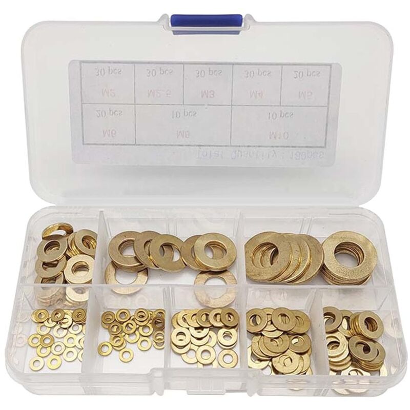 foto del prodotto set di rondelle piatte in ottone con scatola di plastica, m2 m2.5 m3 m4 m5 m6 m8 m10 180 pezzi 