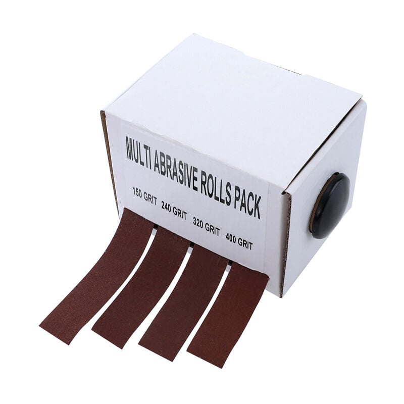 foto del prodotto set di rotoli di carta vetrata multi abrasiva, grana 150, 240, 320, 400 con dispenser, rotolo di tela smeriglio scorrevole, nastro abrasivo per