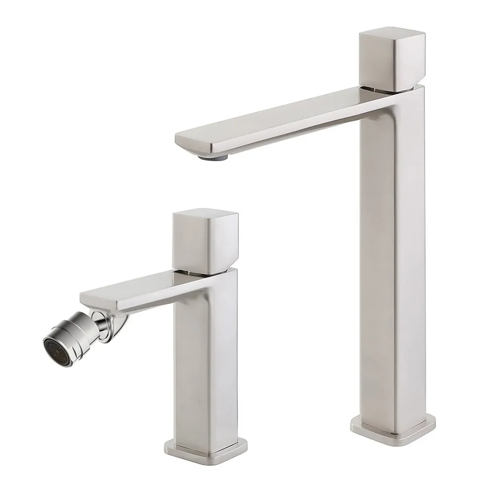 foto del prodotto set di rubinetti lavabo alto e bidet color nichel con piletta lotus