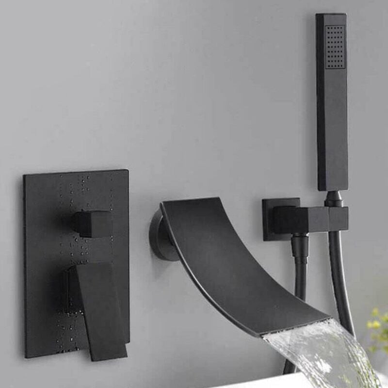 foto del prodotto set di rubinetti per doccia a incasso, a cascata, per vasca da bagno, rubinetti a parete, colore nero, con doccetta laterale, interruttore per acqua