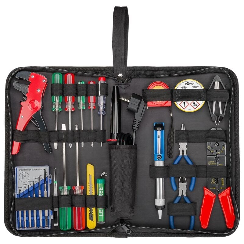 foto del prodotto set di saldatore e strumenti in una pratica borsa, 20 pezzi, set di accessori con saldatore, cacciavite, tester di fase, pinze.