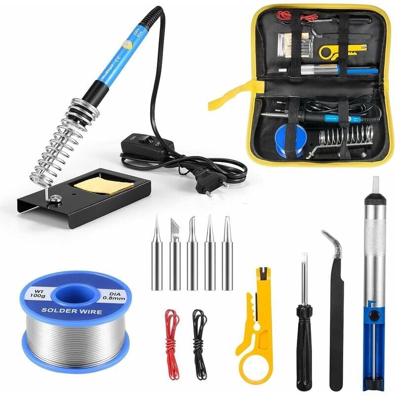 foto del prodotto set di saldatura completo con saldatore da 220 v, 5 teste di saldatura, pompa dissaldante e supporto adatto a principianti e professionisti